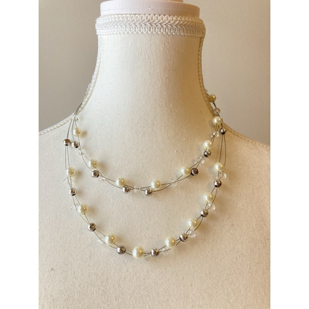 Multi Strand Faux Pearl Illusion Necklace Silverβ Tone Romantic Bead Bridal